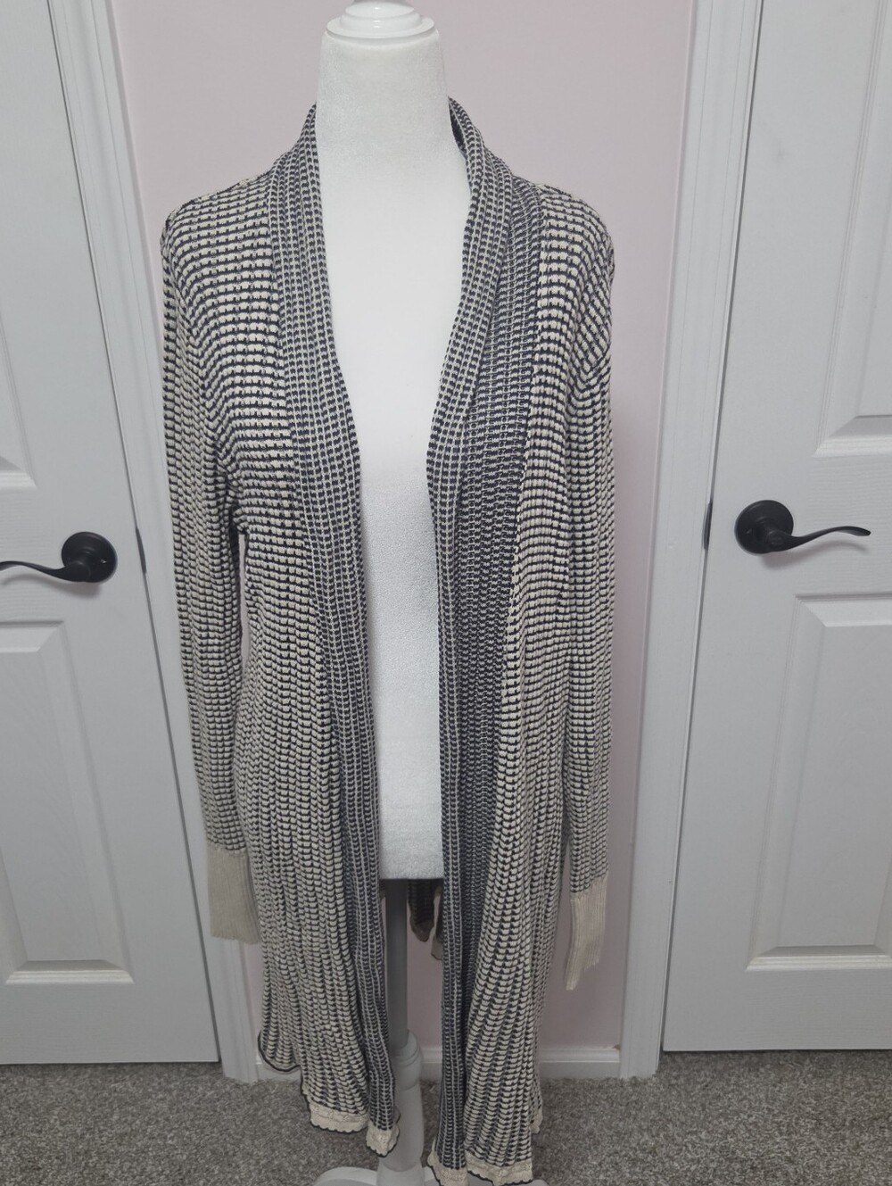Eddie Bauer Open Front Two Tone Waffle Knit Casual Outdoors Duster Cardigan XL